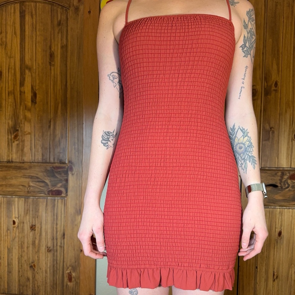 Storia Rust Red Smocked Ruffle Hem Mini Dress
